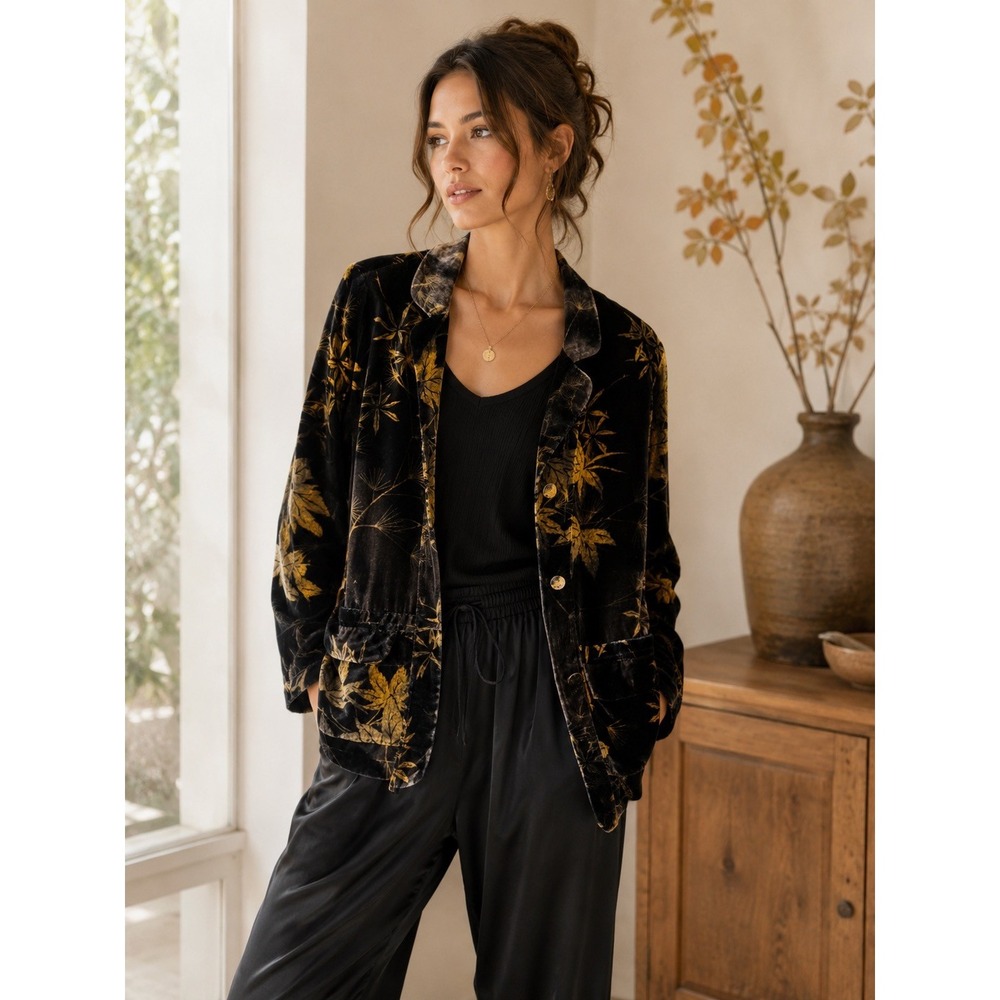 Harari‎ Velvet Botanical Leaf Print Blazer Jacket Silk Blend Black Gold S